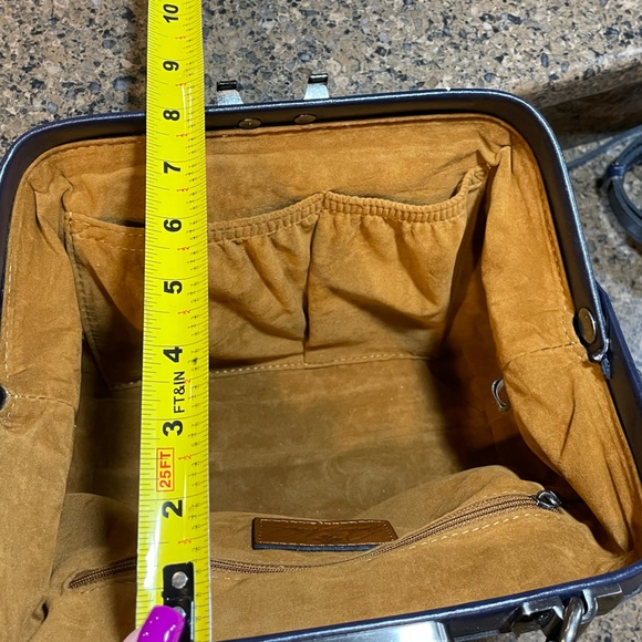 Patricia Nash Gracchi Vintage Leather-Wrapped Frame Satchel Caribbean Blue EUC - Picture 10 of 15